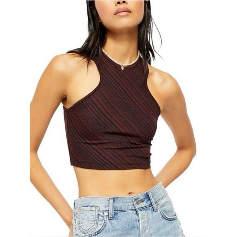 Free People Burgundy & Black Striped High Neck Tessa Crop Tank Top Size Large